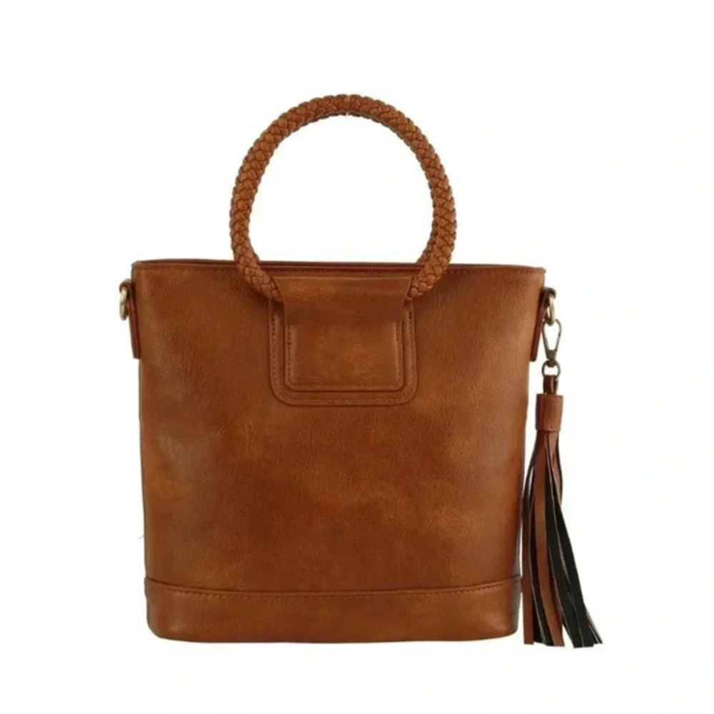 Braided top handle small tote, inside zip & back pocket, crossbody strap NWT